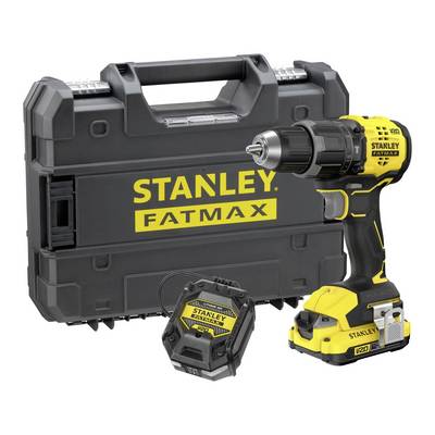Een geel en zwart draadloos boor- en schroefapparaat met een batterij en zwarte draagtas, geëtiketteerd als 'Stanley Fatmax'.