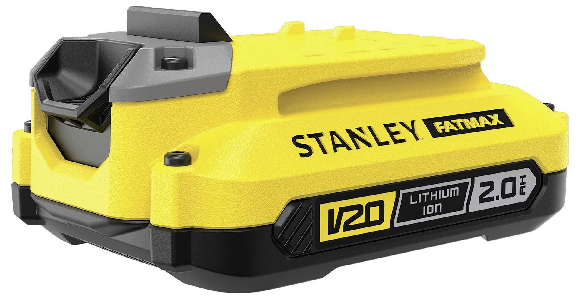 Een geel en zwart Stanley Fatmax V20 lithium-ionbatterijenpack, gelabeld 2.0Ah, ontworpen voor elektrisch gereedschap.