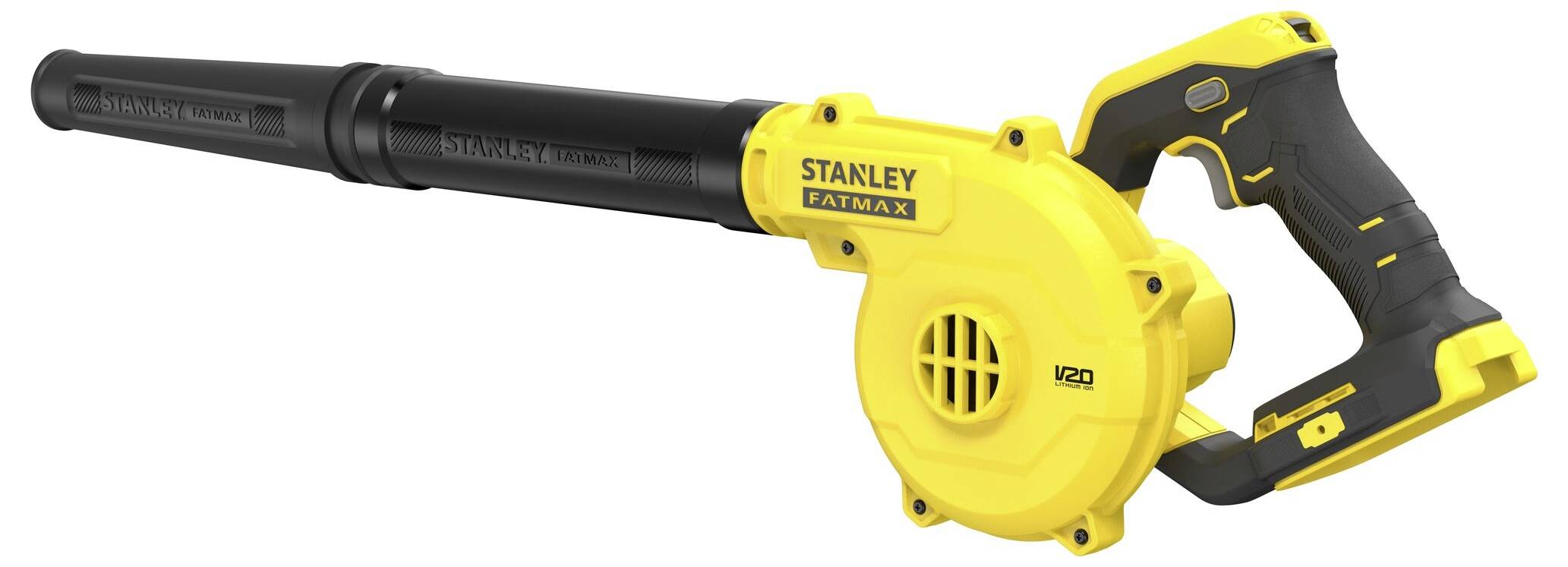 Een geel en zwart handgeblazen apparaat met het label 'Stanley Fatmax V20', ontworpen voor het verwijderen van puin. Het heeft een lange spuitmond en ergonomische greep.
