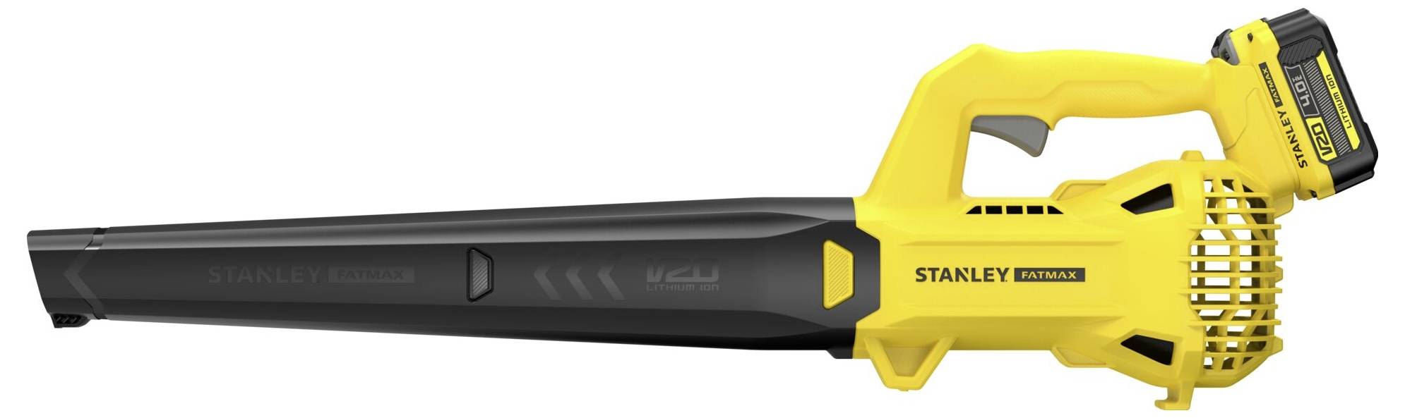 Geel en zwart draadloos bladblazer van Stanley. Accu-pack bevestigd aan de bovenkant. Lange zwarte mondstuk voor het sturen van de luchtstroom.
