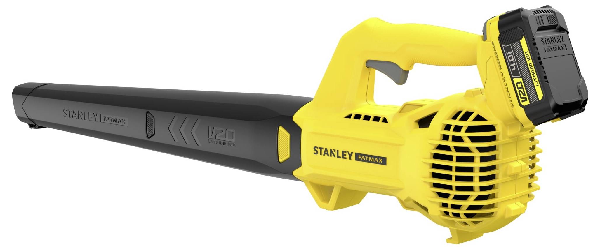 Een geel en zwart Stanley draadloos haakse slijper met het label 'V20 Lithium Ion', waarin het compacte ontwerp en het batterijcompartiment worden gemarkeerd.
