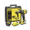 Geel en zwart Stanley Fatmax V20 boormachineset met borstelloze motor, inclusief koffer, batterij en lader. 18V lithium-ionwerktuig weergegeven.