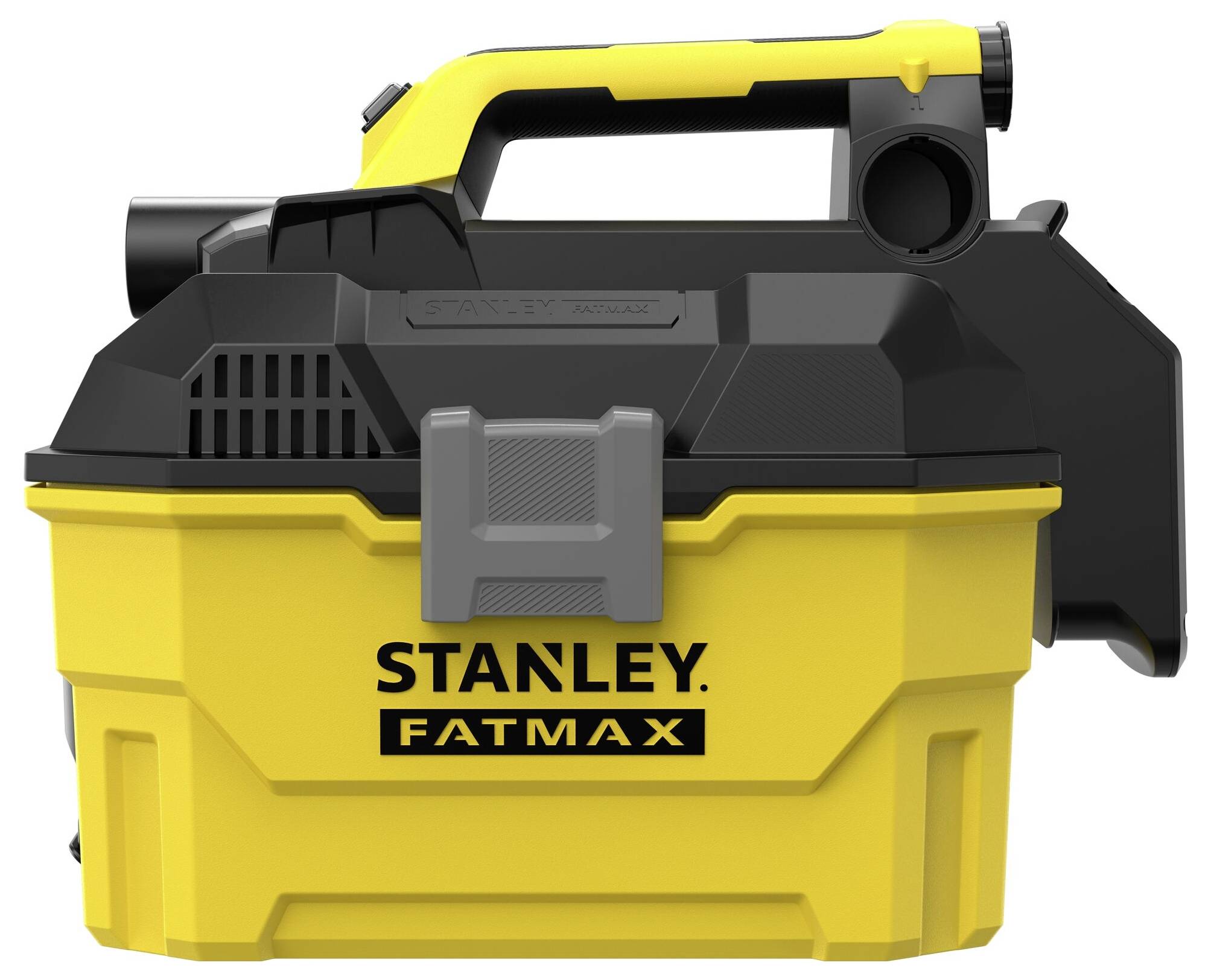 Gele en zwarte draagbare stofzuiger met het label 'Stanley Fatmax' met een handvat en grote verzamelkan.