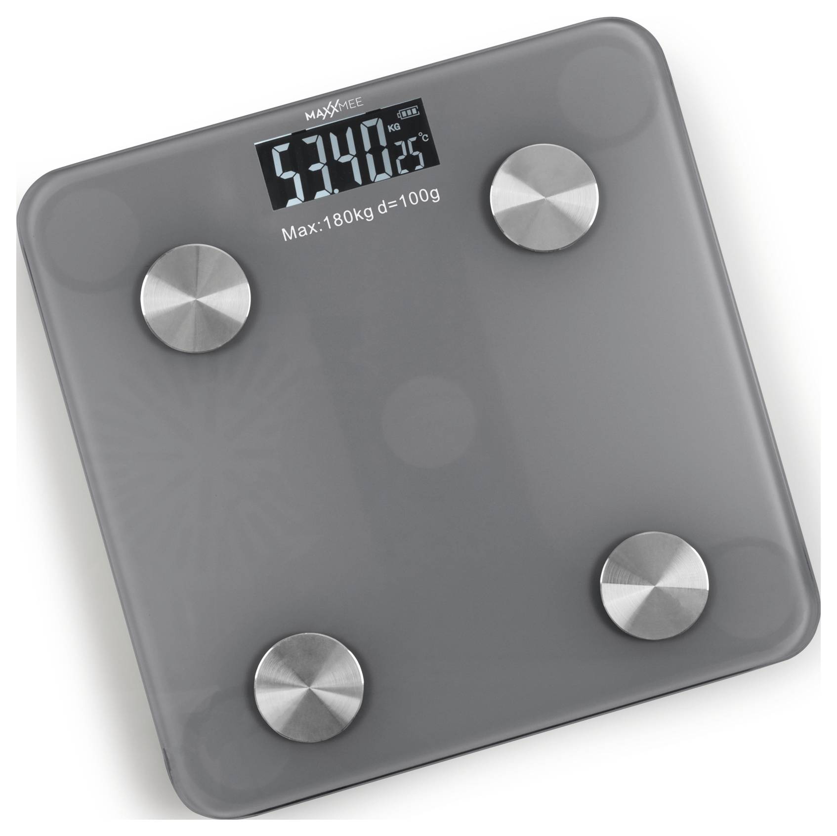 Een digitale badkamerweger met een gewichtsweergave van 52,4 kg en een temperatuurweergave van 25°C, ontworpen voor een maximum van 180 kg.