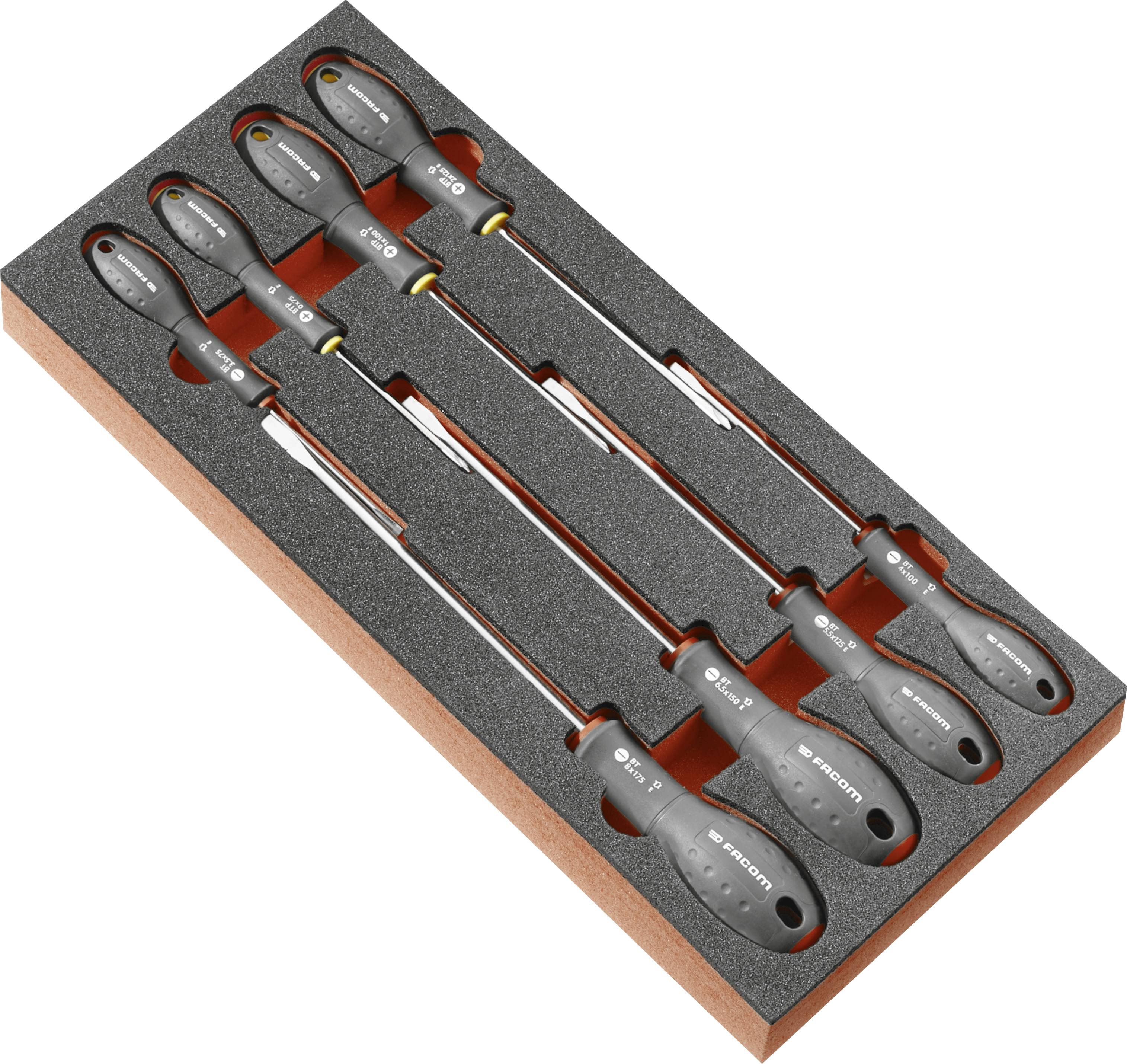 Schuimorganizer met zes Snap-on schroevendraaiers in een houten lade, gerangschikt op grootte met zwart-grijze handgrepen en lange metalen schachten.