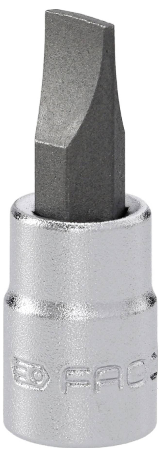 Een metalen platkopschroevendraaierbit met een glanzende, zilveren afwerking, ontworpen voor gebruik met een compatibele gereedschapsgreep of boor.