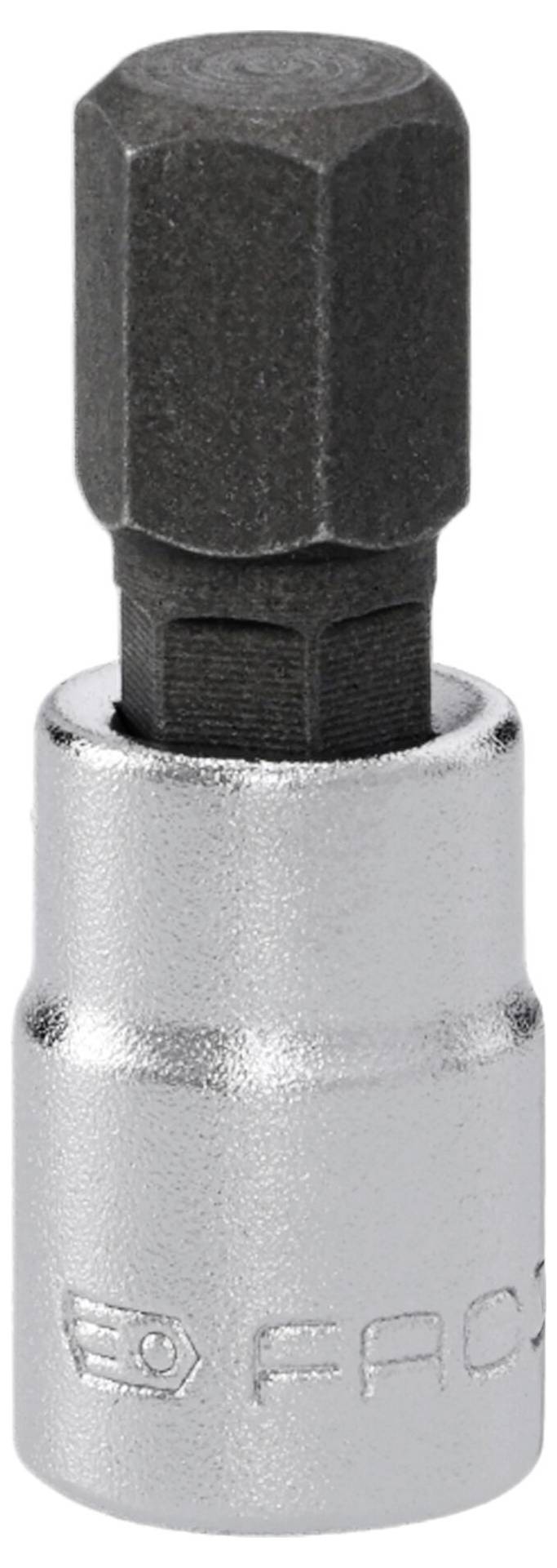 Een metalen zeskantbits met een zwart zeskantig kopje en zilveren cilindrische schacht, gebruikt voor het aantrekken of losdraaien van bouten.