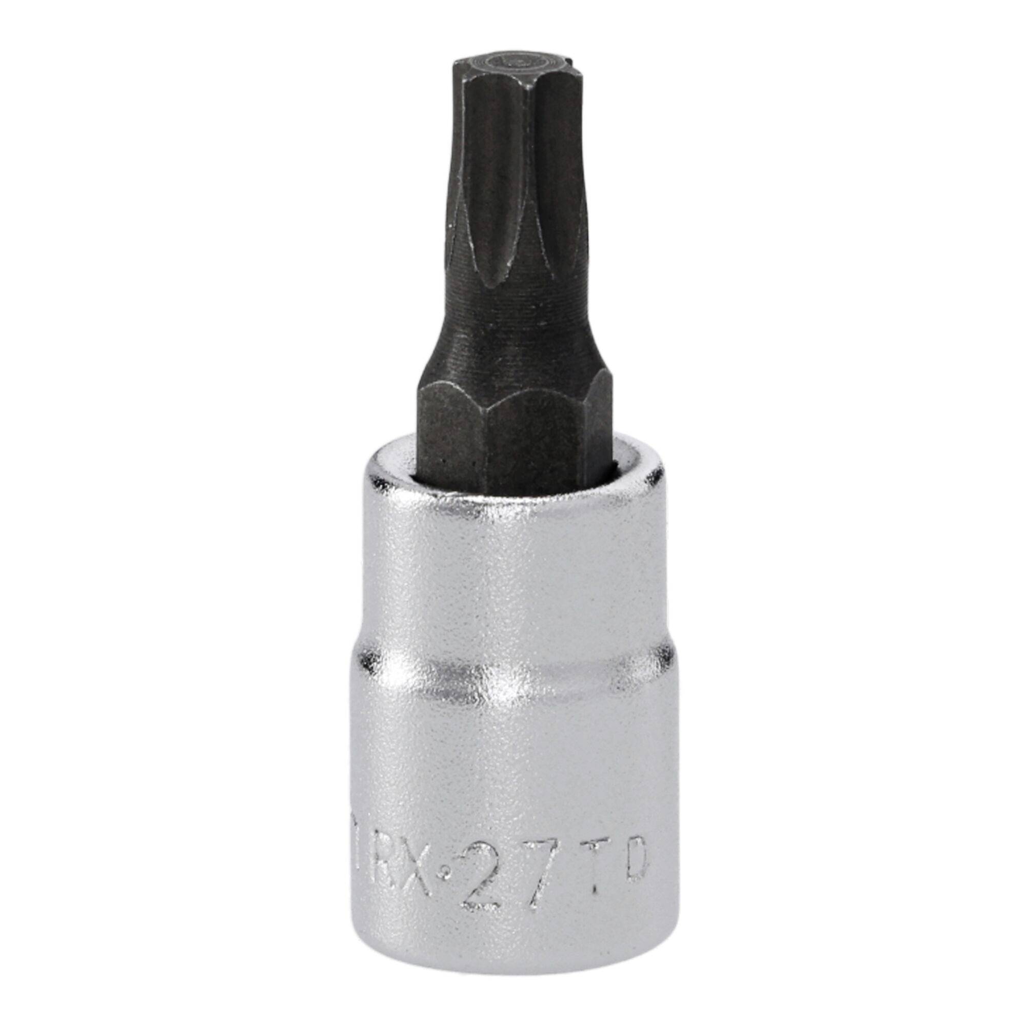 'Torx 27 T' zeskantdopsleutel met zilveren metallische afwerking, gebruikt voor het aandraaien van schroeven en bouten met een zeshoekig sterpatroon.