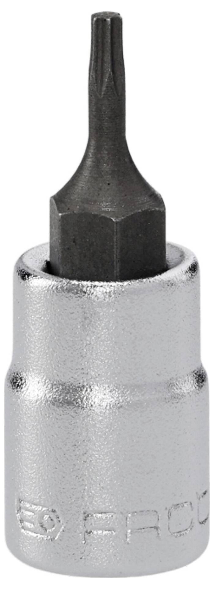 Een metalen schroevendraaierbit met een stervorming uiteinde en een zilveren koppeling, ontworpen voor gebruik met sleutels of doppen.