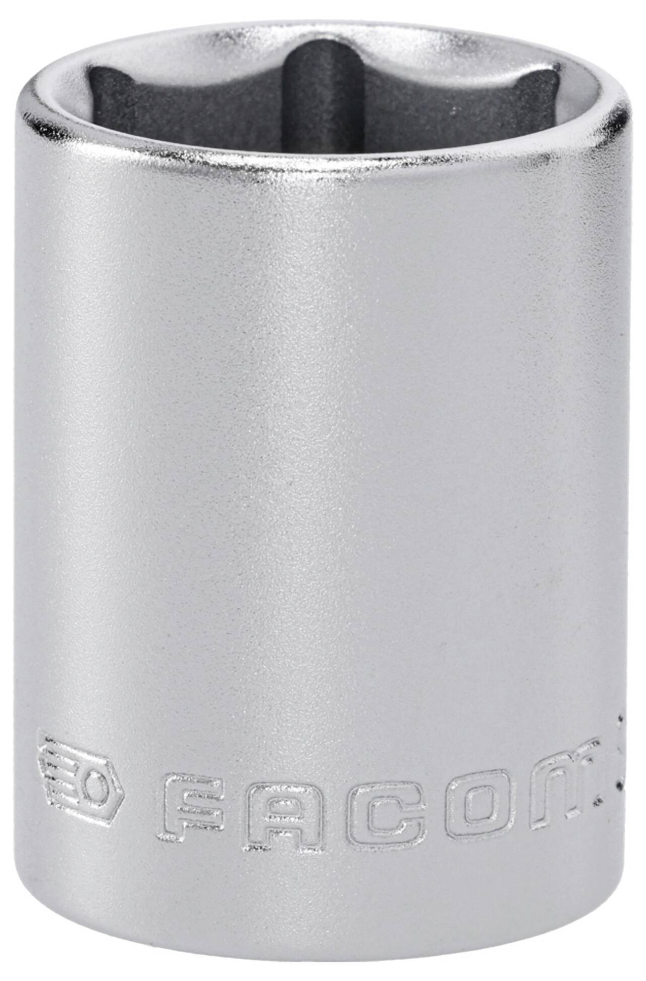 Een zilveren zeskante dop met het label 'Facom', gebruikt voor het aandraaien of losdraaien van moeren en bouten, weergegeven in een verticale positie.