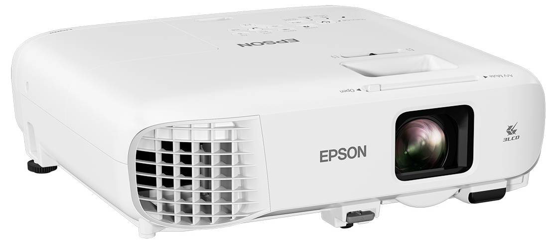 Witte Epson-projector getoond van voren-links, met zichtbare lens, ventilatierooser en bedieningselementen bovenop.