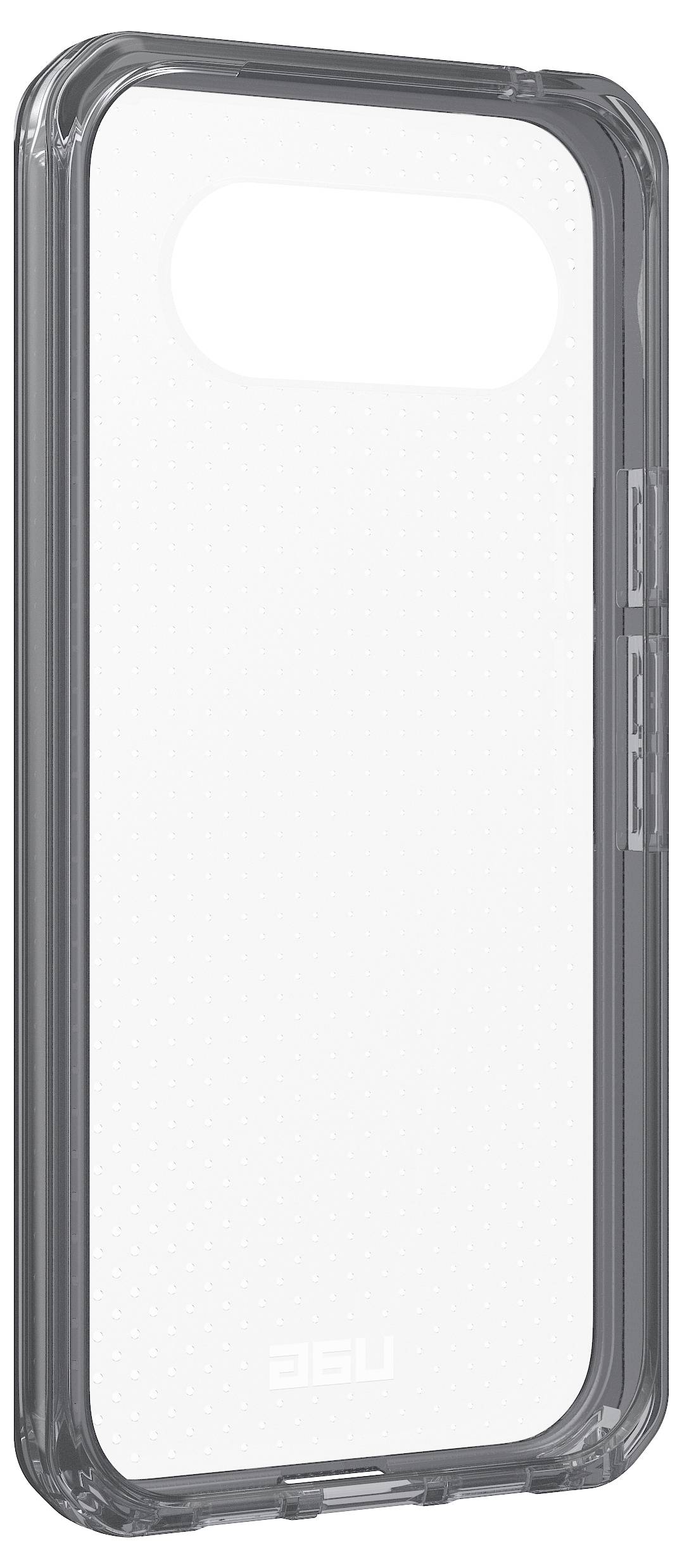 Transparante telefoonhoes met donkergrijze bumper en een uitsparing voor de camera, afgebeeld op een witte achtergrond.