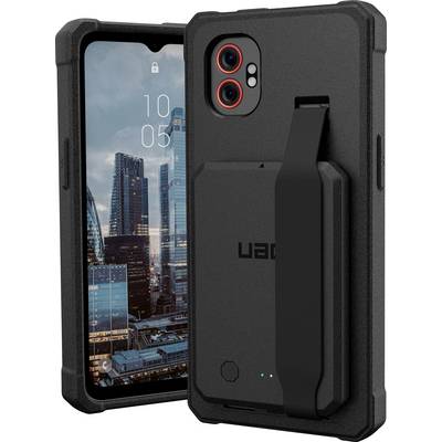 Zwart robuust beschermend smartphone hoesje met ingebouwde standaard en camerasnitten, weergegeven op een telefoon met stadssilhouet behang.