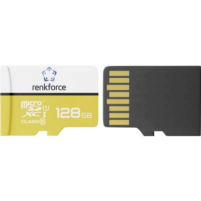 MicroSD geheugenkaart met Renkforce branding, UHS-I, Class 10, en 128 GB capaciteit, met gouden contactvlak op een zwarte kaart.
