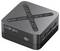 Compacte zwarte MINIX mini-pc met X-vormige bovenluchtopening, aan/uit-knop en HDMI/USB-poorten aan de zijkant.