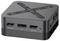 Kleine zwarte mini-PC met drie videopoorten aan de voorkant, inclusief HDMI en DisplayPort, weergegeven in aanzicht van het product onder hoek
