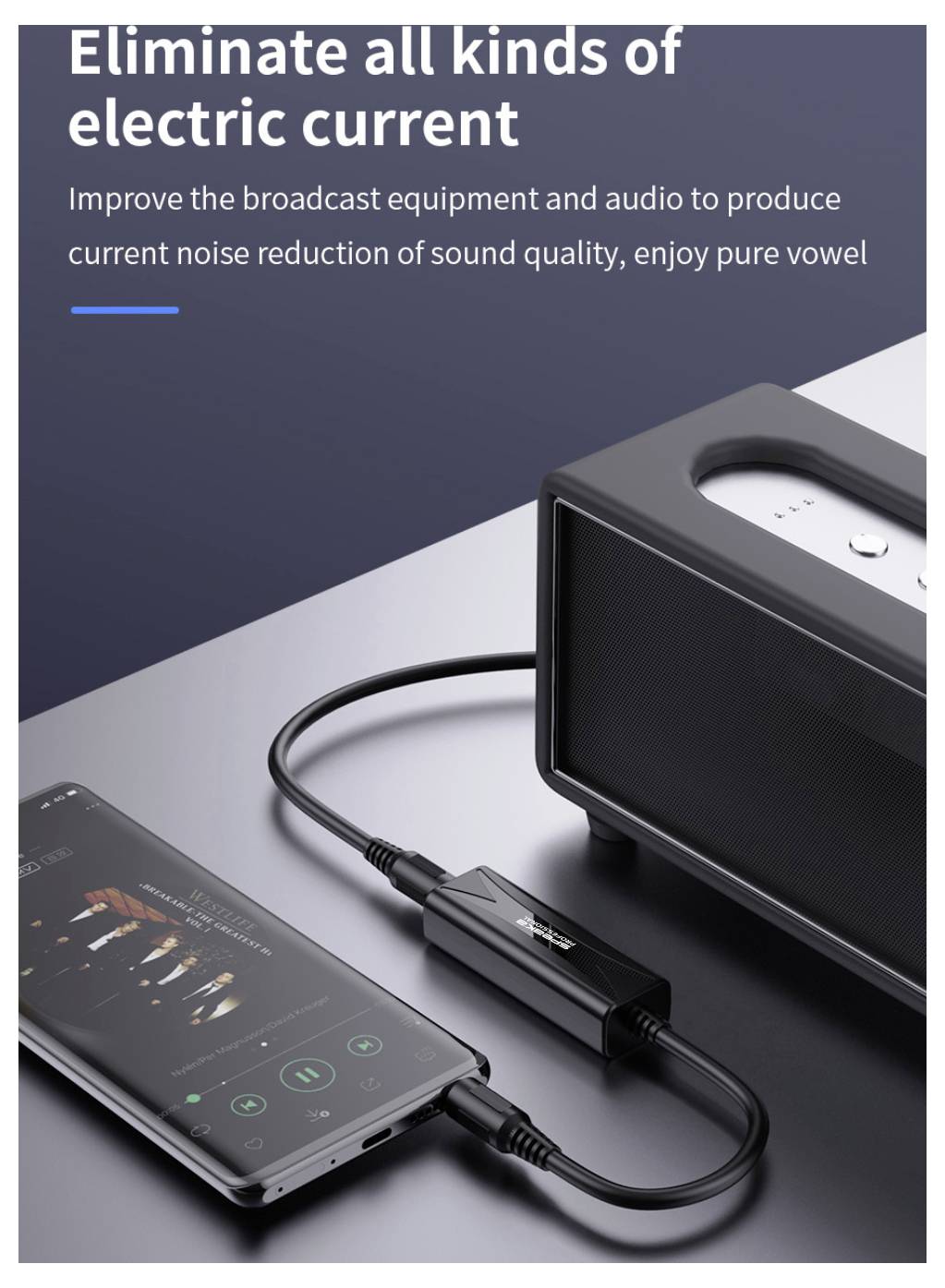 Promotiefoto van een audioapparaat dat via kabel met een smartphone is verbonden, met tekst over het elimineren van elektrische ruis voor schoner geluid.