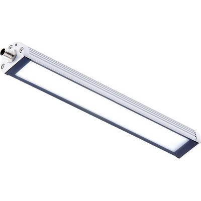 Een slanke, rechthoekige LED-verlichtingsarmatuur met een zilveren frame en een aansluiting aan één uiteinde. Het licht is ingeschakeld en geeft een helder gloed af.