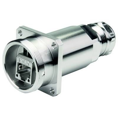 Close-up van een metalen circulaire industriële connector met een vierkante Ethernet-achtige poort en bevestigingsflens.