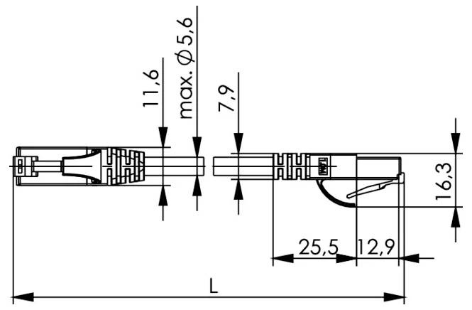 Technische dimensionetekening van een rechtheekige stekkerconnector met kabel: totale lengte L, diameter maximaal Ø5,6, en belangrijkste afmetingen gelabeld 11,6, 7,9, 25,5, 12,9 en 16,3.