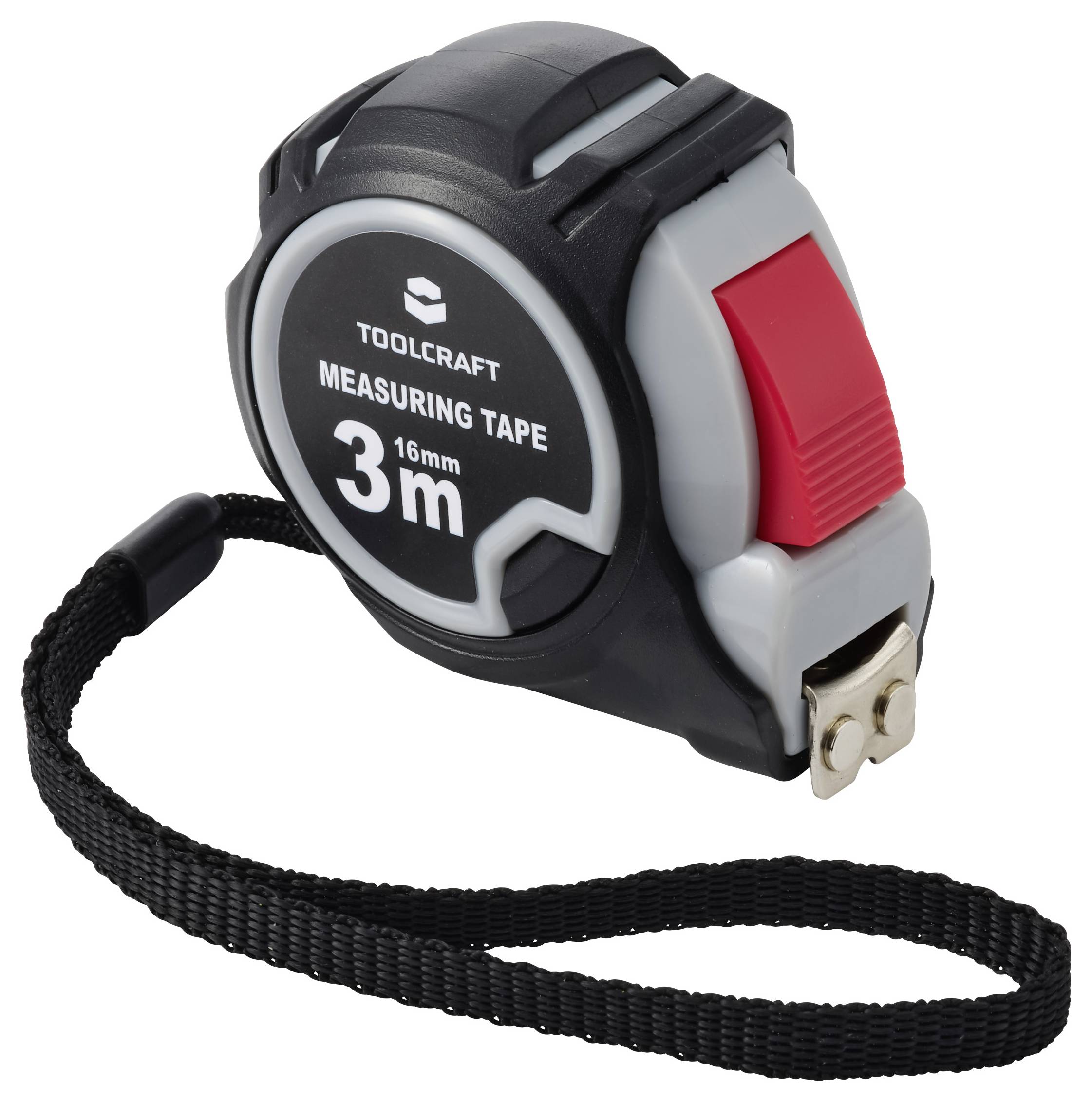 Zwart en grijs Toolcraft meetlint, 3 m lang en 16 mm breed, met rode vergrendelingsknop en polsband.