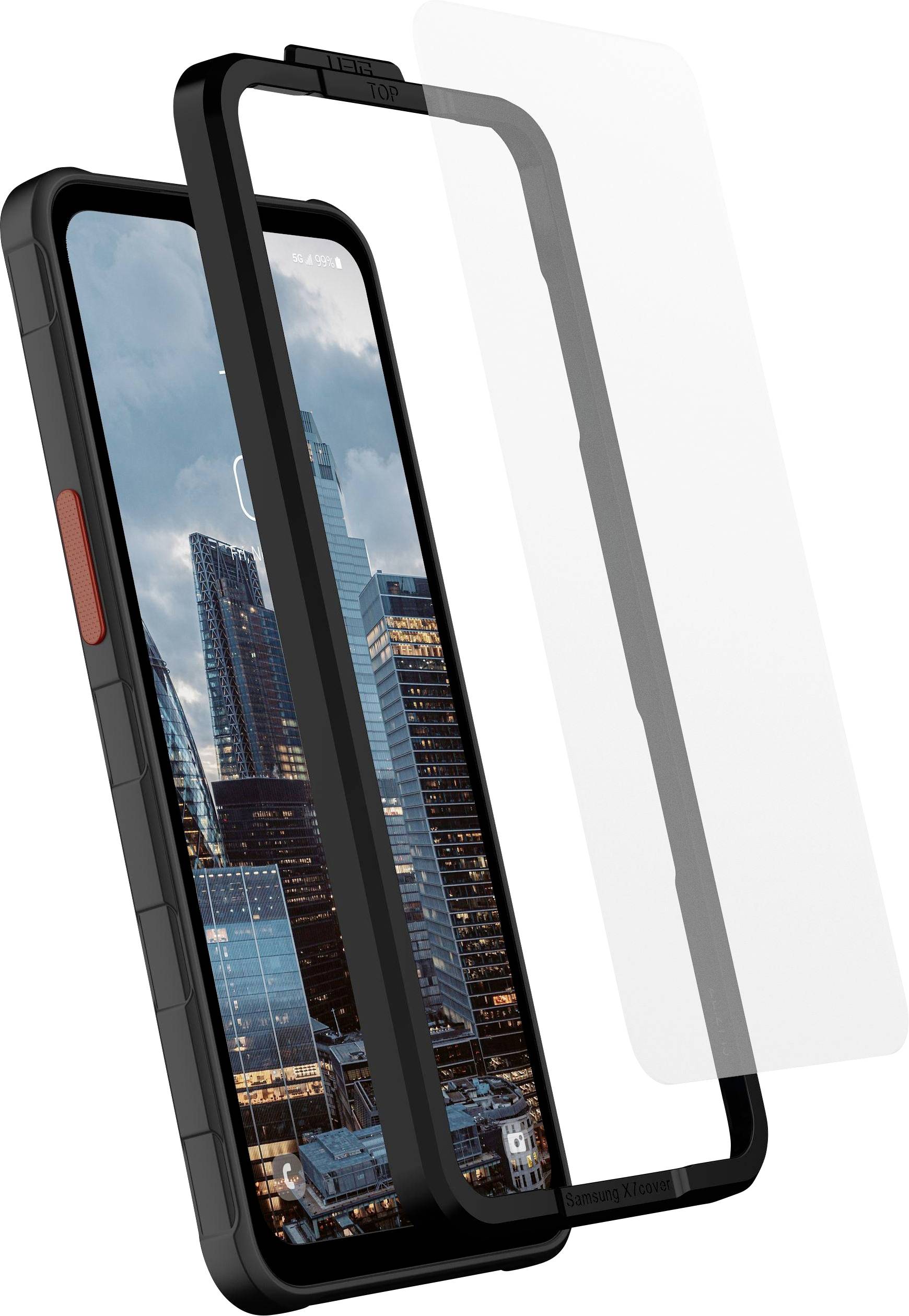 Een smartphonehoesje met een schermbeschermer met stadsskyline, ontworpen voor duurzaamheid en bescherming. Heeft een zwart frame en rode knop.