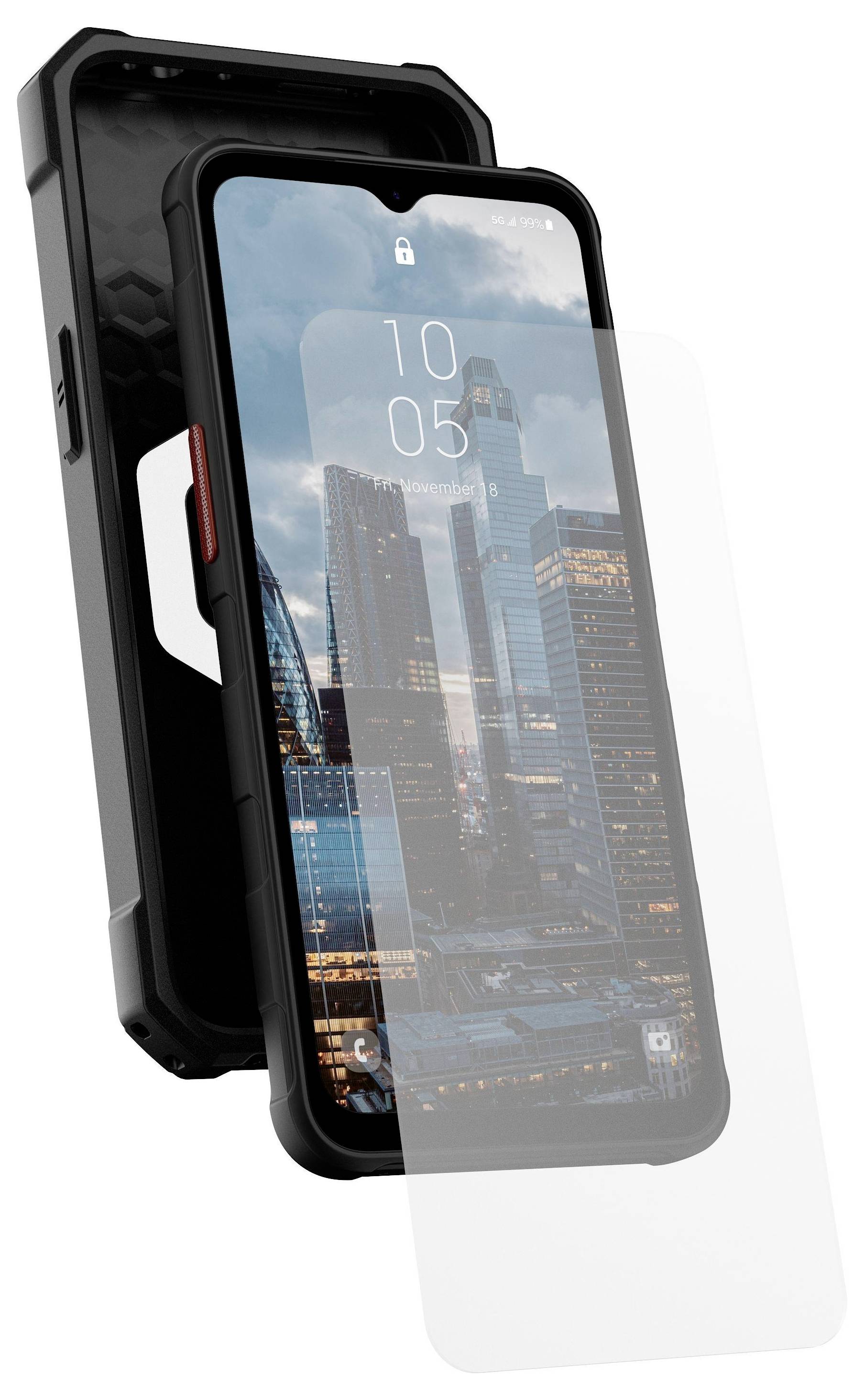 Een smartphone in een robuuste beschermhoes met een dun, transparant schermprotector. Het scherm toont een stadslandschap.