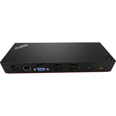 Een zwart dockingstation met meerdere poorten, waaronder USB, HDMI, Ethernet, VGA en een stroomconnector, ontworpen voor connectiviteitsuitbreiding.