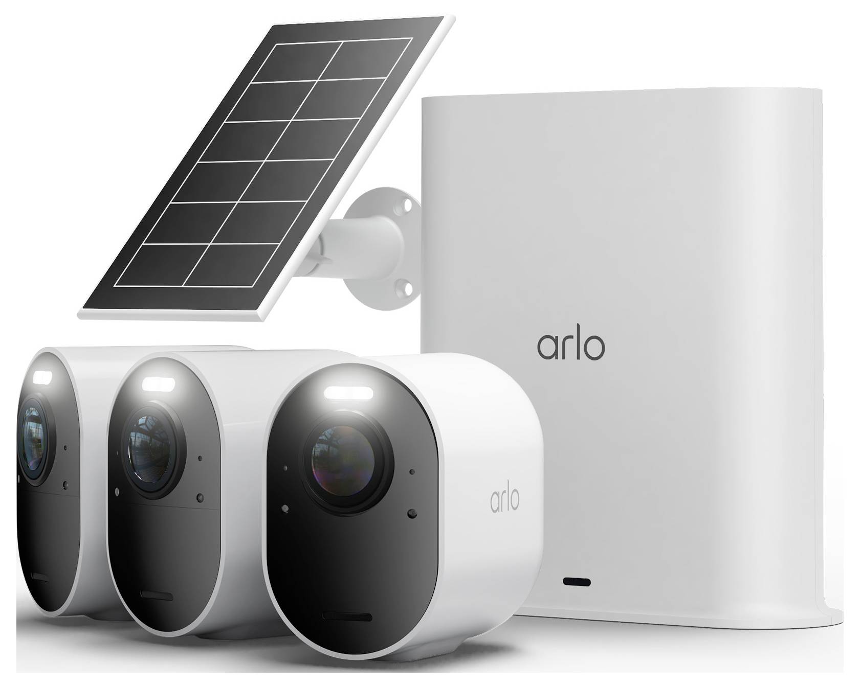 Arlo-beveiligingscameraset met drie draadloze camera's, een aan de muur gemonteerd zonnepaneel en basisstation op een witte achtergrond.