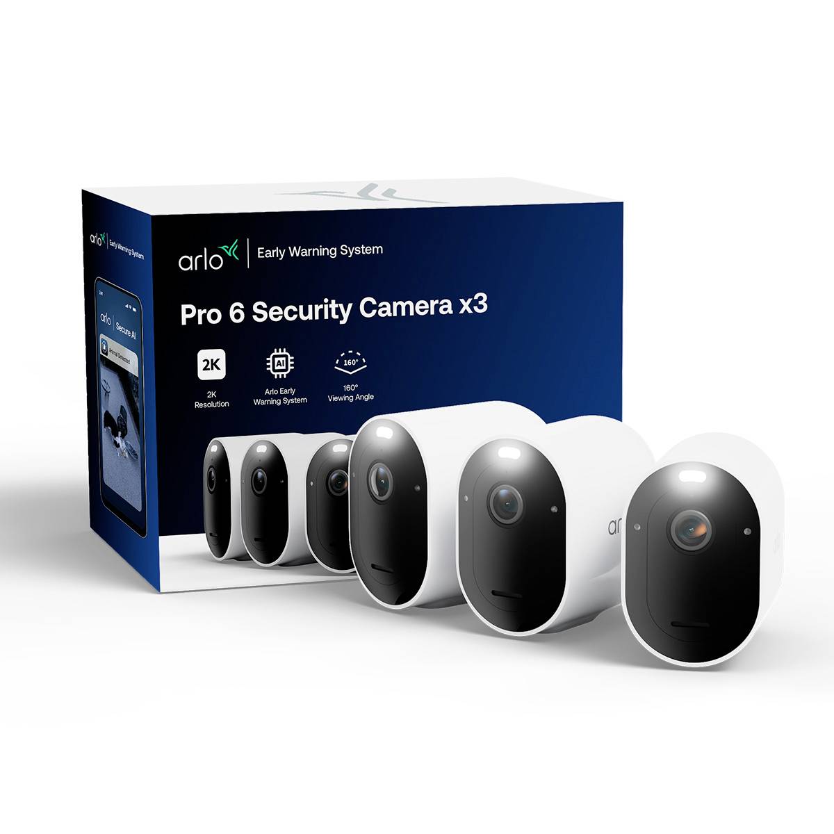 Doos met Arlo Pro 6 beveiligingscamera's x3 met vijf zwart-wit buitencamera's weergegeven aan de voorkant, met 2K-resolutie en early warning systeemfuncties.