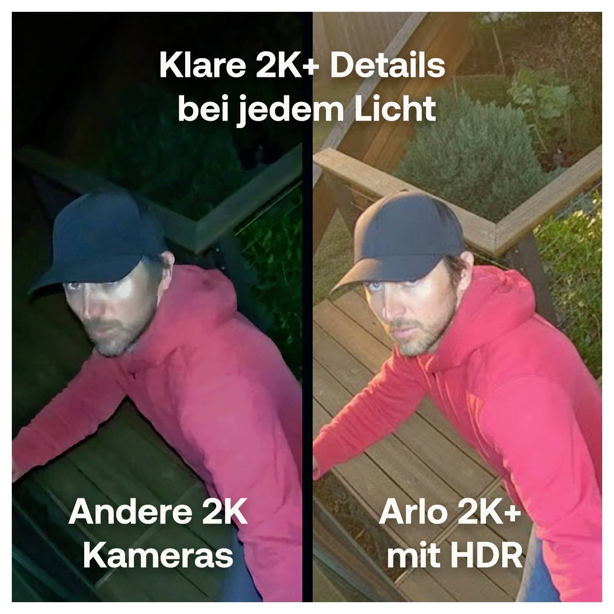 Vergelijking van nachtbewakingscamera's naast elkaar van een man in een roze hoodie en zwarte pet: links 'Andere 2K Kameras' is donker en wazig; rechts 'Arlo 2K+ met HDR' is helderder met meer detail.
