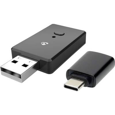 'Draadloze adapter met USB- en USB-C-connectoren, voorzien van een knop op het oppervlak, geplaatst op een witte achtergrond.'