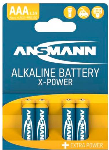 Verpakking voor ANSMANN AAA 1,5V alkalinebatterijen, met vier batterijen en de tekst 'EXTRA POWER'.