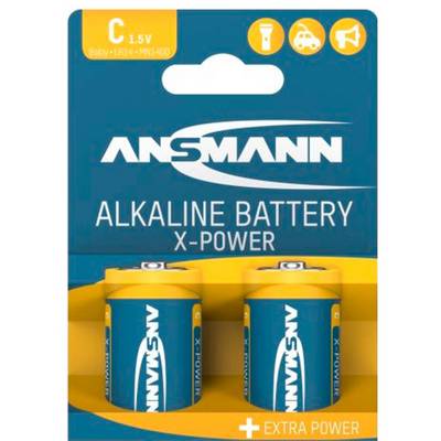 Ansmann X-Power alkaline batterijen, formaat C, 1,5V, verpakking met twee stuks met extra vermogensetikettering op blauw en geel verpakking.