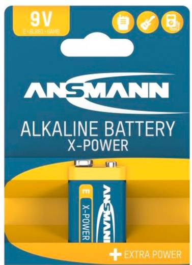 Verpakking voor een Ansmann 9V alkalinebatterij, gelabeld 'X-Power' en 'Extra Power', weergegeven op groen-blauwe en gele retailverpakking.