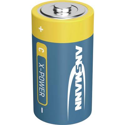 Een blauw en geel ANSMANN X-POWER batterij met plus- en minusklemmen, rechtop op een witte achtergrond afgebeeld.