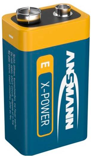 Een blauw-en-gele 9-volt ANSMANN X-POWER batterij met metalen contactpunten afgebeeld tegen een witte achtergrond.