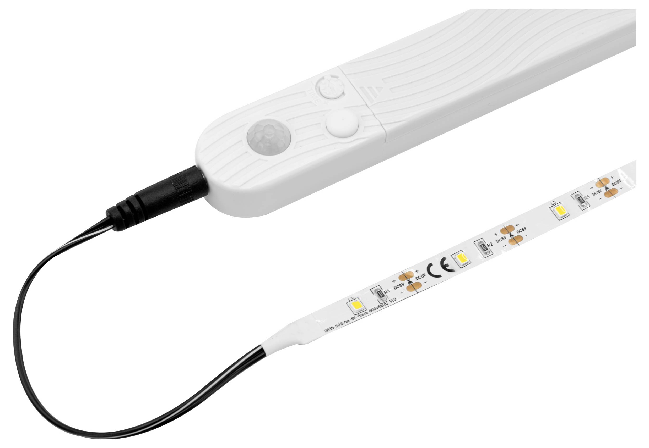 Draagbare witte LED-strip verbonden via een zwarte kabel met een handheld-controller met twee knoppen en een ronde indicator.