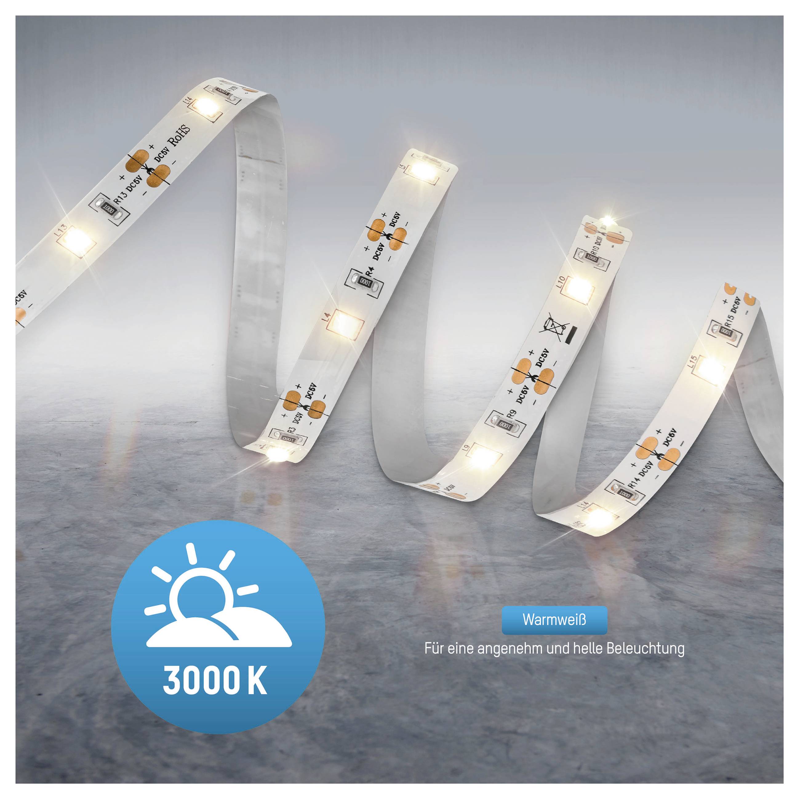 Warm wit LED-stripverlichting die gloeiert op 3000 K, weergegeven in een lus met het lint en de tekst 'Warmwit' en '3000 K' voor aangenaam helder licht.