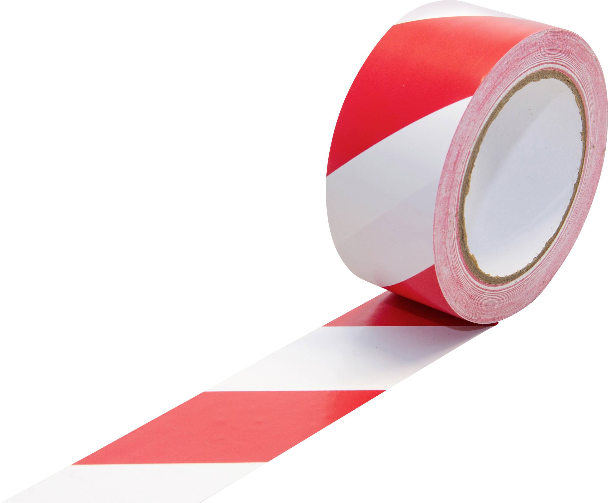 Rol rood-wit gestreepte afzetband die zich over een witte achtergrond afwikkelt.