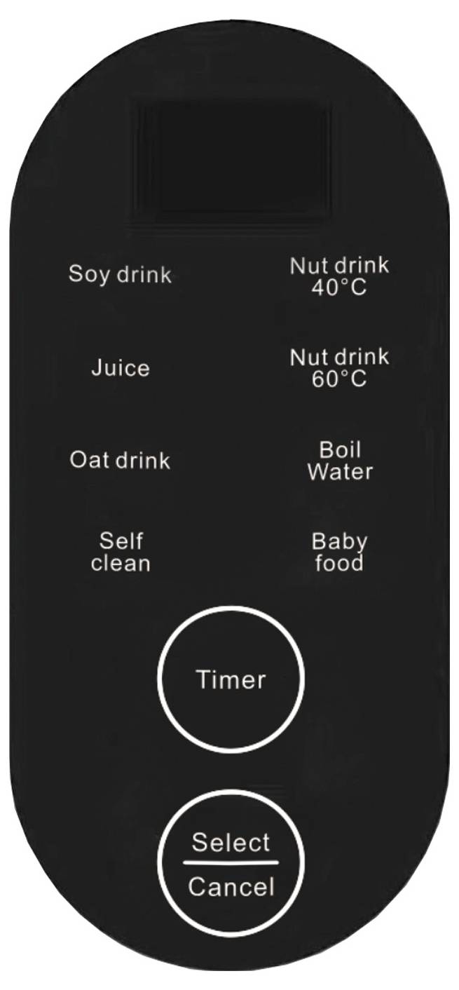 Bedieningspaneel van een keukenapparaat met knoppen voor 'Soyadrink', 'Sap', 'Haverdrink', 'Notenaddrink', 'Water koken', 'Babyvoeding', 'Zelfschoon', 'Timer', 'Selecteren' en 'Annuleren'.