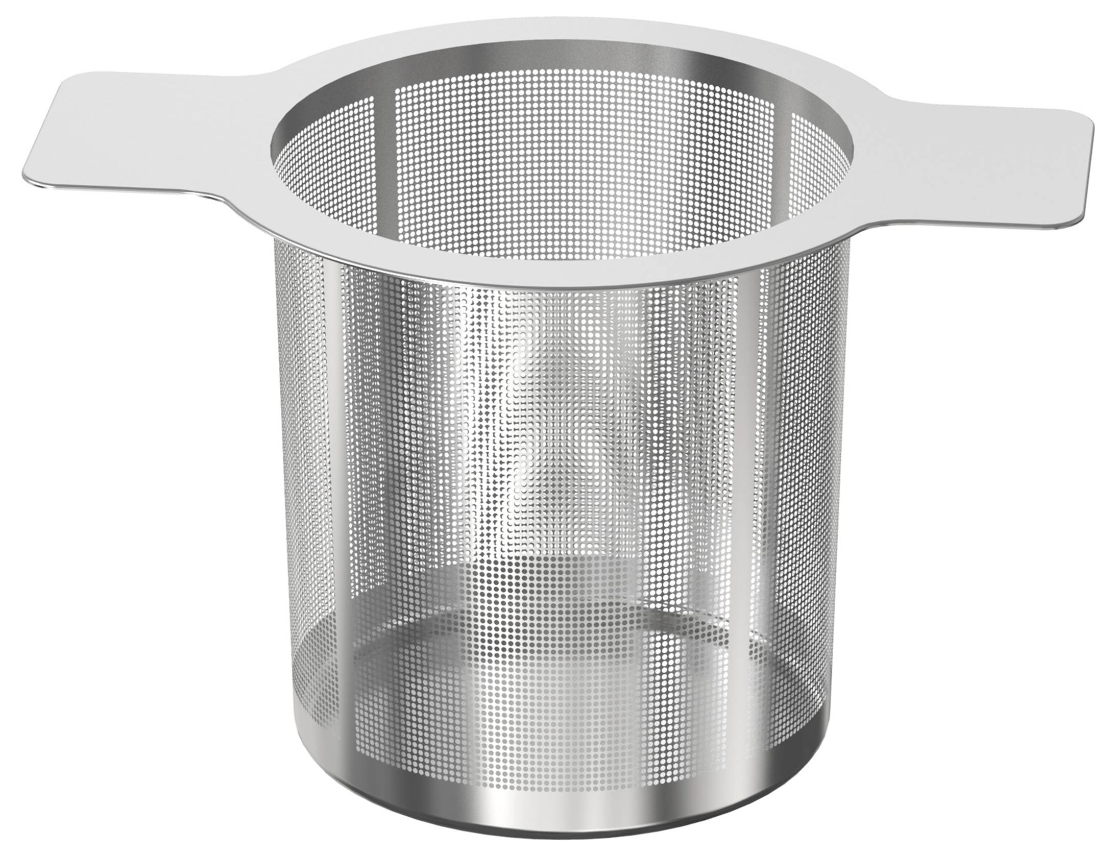 Roestvrijstalen gaasthee-infuser met handgrepen aan beide zijden, ontworpen voor het zetten van losse thee.