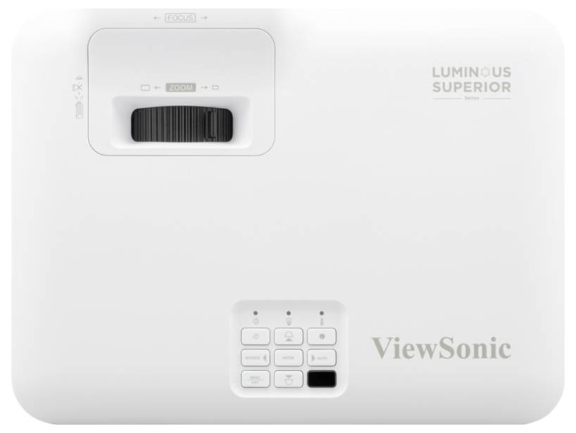 Een witte ViewSonic-projector met een bedieningspaneel en zoomschijf. Het logo van de serie 'Luminous Superior' wordt weergegeven op het oppervlak.