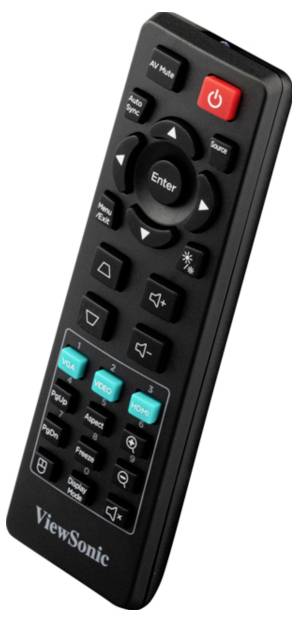 Een zwarte ViewSonic afstandsbediening met verschillende knoppen, waaronder aan/uit, volume, invoerbronnen en navigatiepijlen voor apparaatbediening.