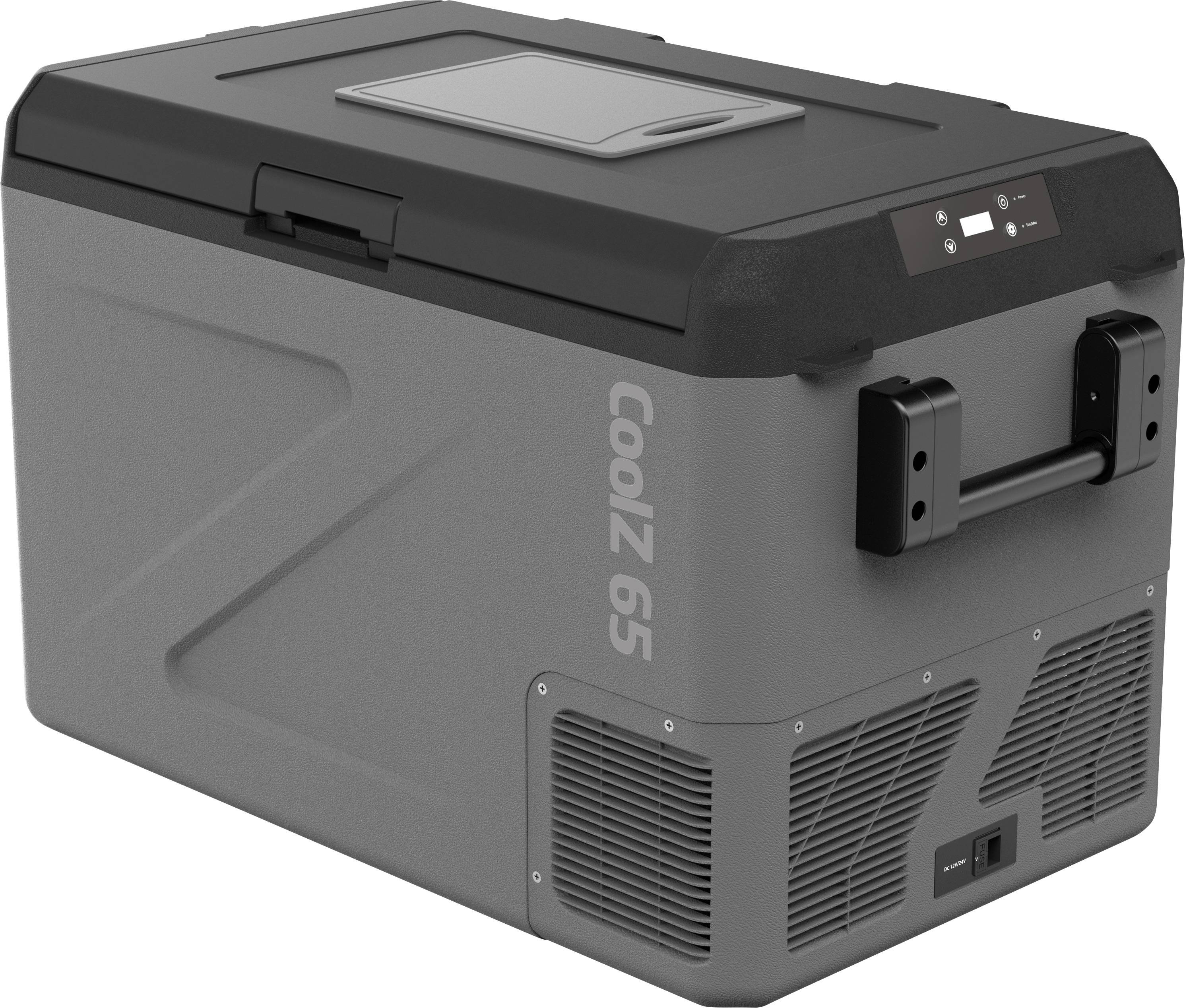 Draagbare CoolZ65 elektrische koelkast met dekselhendel, digitaal display, zijventilatieopeningen en draghandles op een witte achtergrond