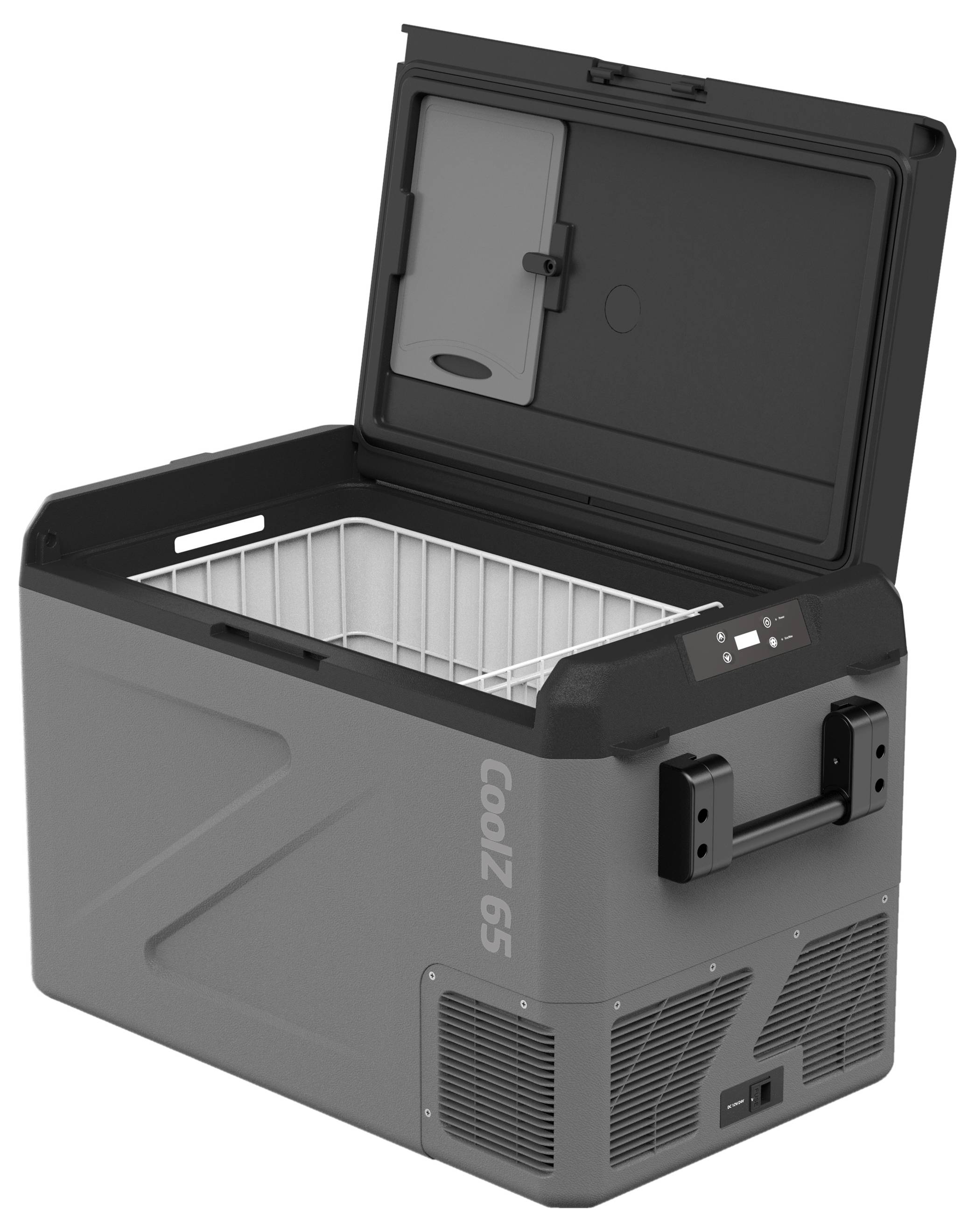 Draagbare CooZ 65 elektrische koelbox met open deksel, interieurmand, voorgreep en zijventilatieopeningen, afgebeeld op een witte achtergrond.