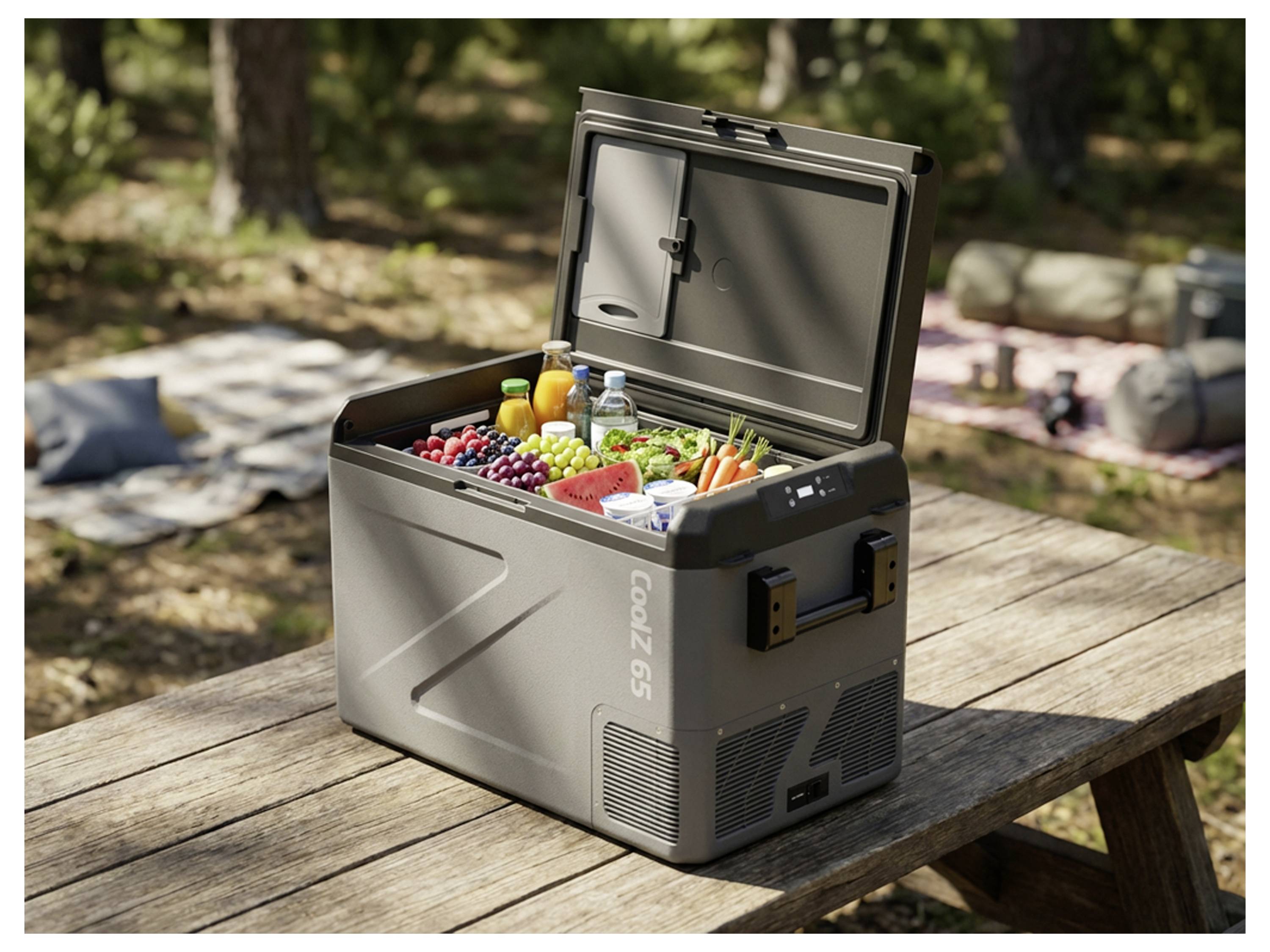 Open grijze draagbare koelbox op een picknicktafel, gevuld met vers fruit, groenten, dranken en snacks buiten.
