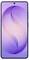 Een smartphone met een gradiënt paars en perzik abstract S-ontwerp op het scherm, van voren bekeken, tegen een witte achtergrond.