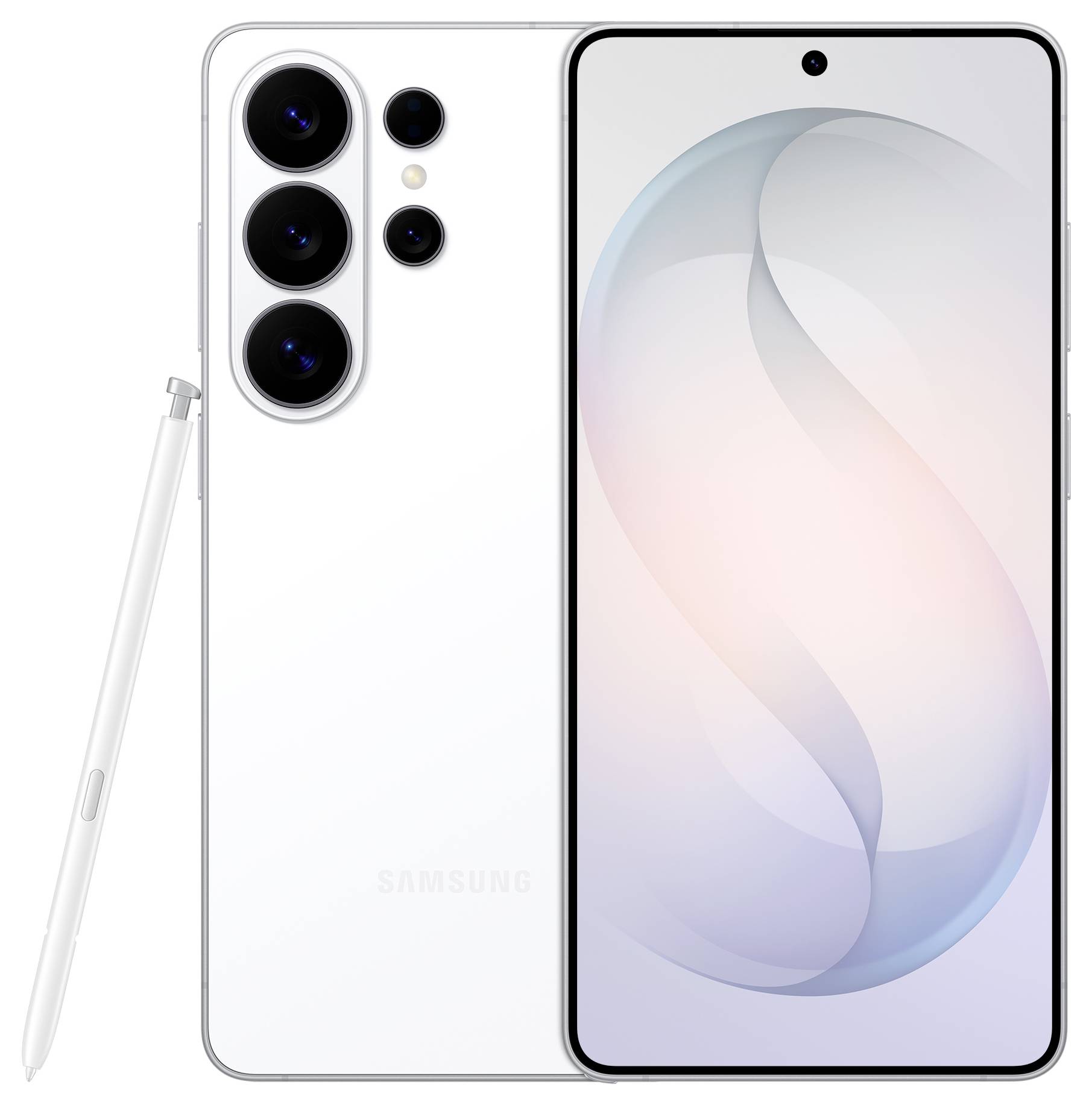 'Een witte smartphone met drie achteraangebrachte camera's en een stylus, met een groot frontscherm waarop abstracte kunst wordt weergegeven.'