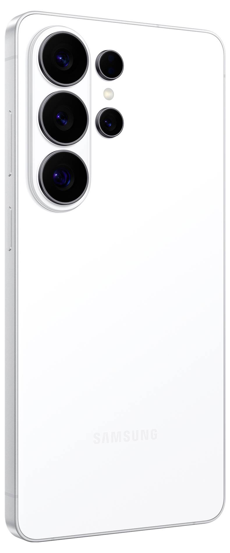 'Samsung Galaxy S23 Ultra' smartphone in wit, met vier achteracamera's in verticale uitlijning op de achterkant.